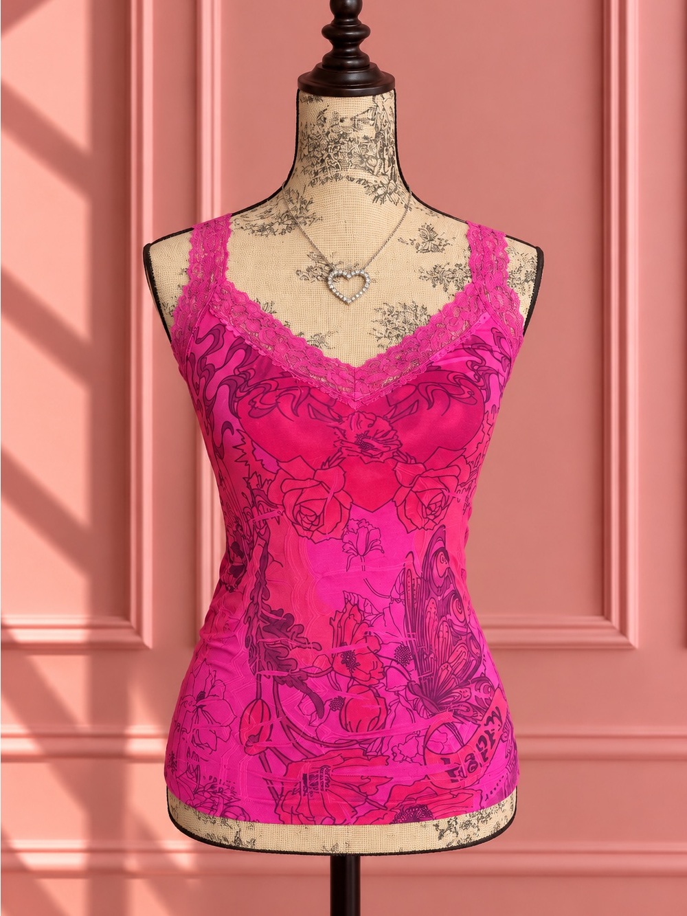 Y2K Pink Lace-Trim Floral Print Cami Tank Top Size S
